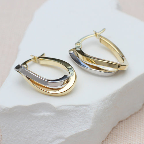 9ct Two Colour Gold Wave Creole Hoop Earrings