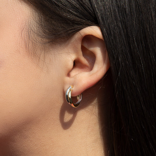 9ct Two Tone Gold Diamond Cut and Plain Band Crossover Hoops