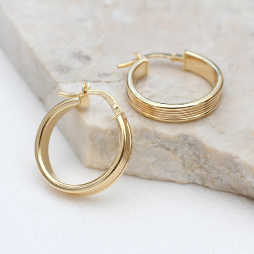9ct Yellow Gold Ribbed Creole Hoop Earrings