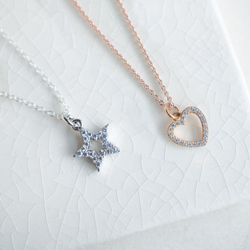 Personalised Pave Star or Heart Pendant Necklace