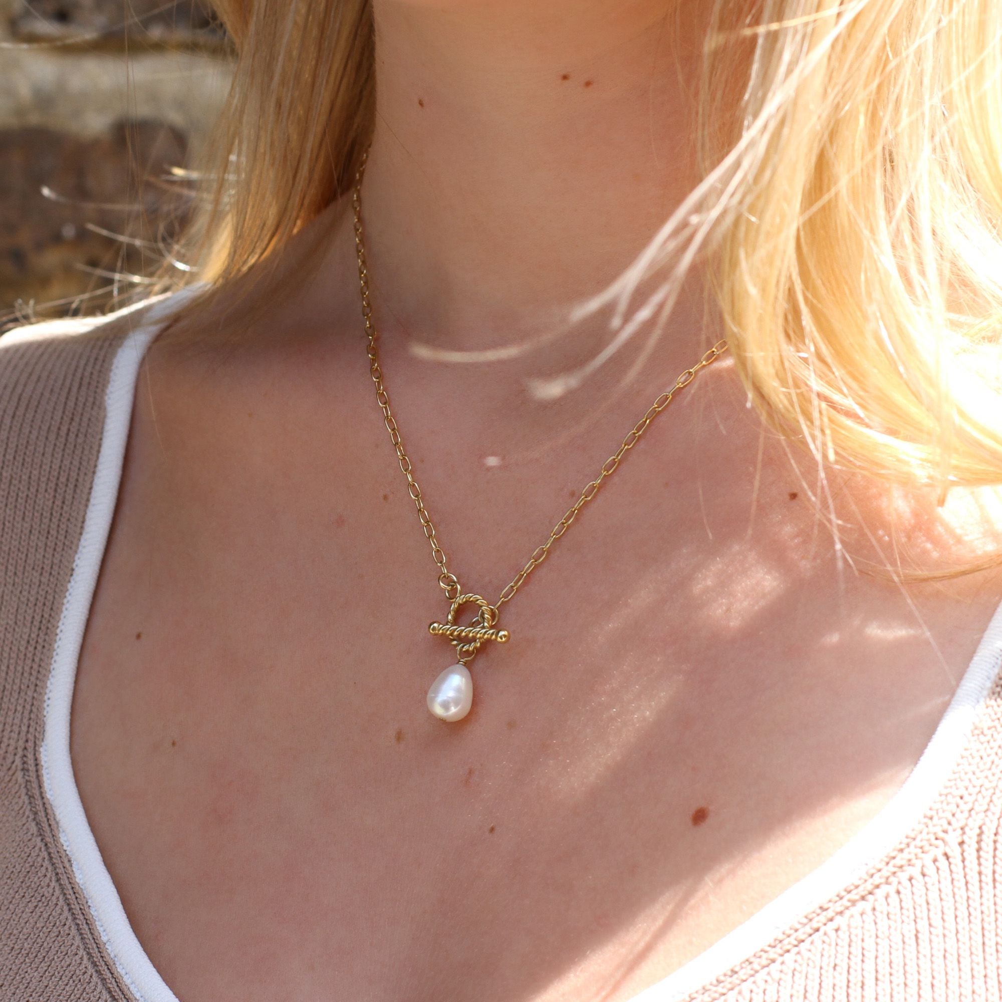 18ct Gold Plated Or Sterling Silver Lariat T Bar Necklace With Pearl