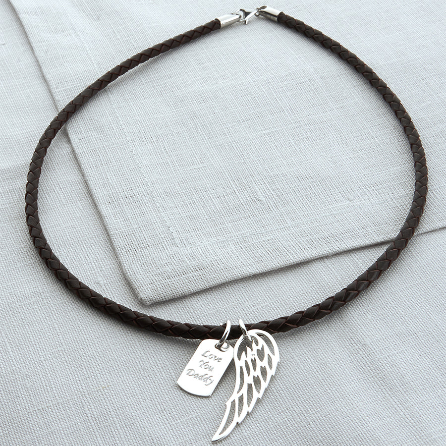 Personalised Silver Wing And Dog Tag Leather Necklet