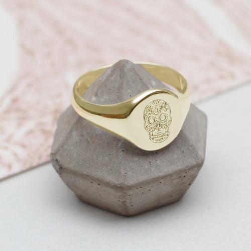 Sterling Silver or Yellow Gold Day Of The Dead Signet Ring
