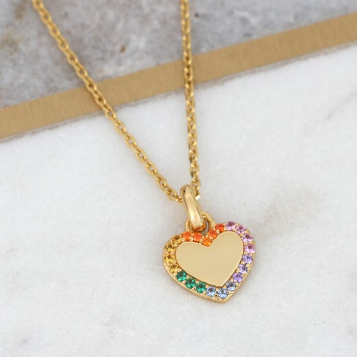 Personalised 18ct Gold Plated Rainbow Crystal Heart Necklace | Hurleyburley