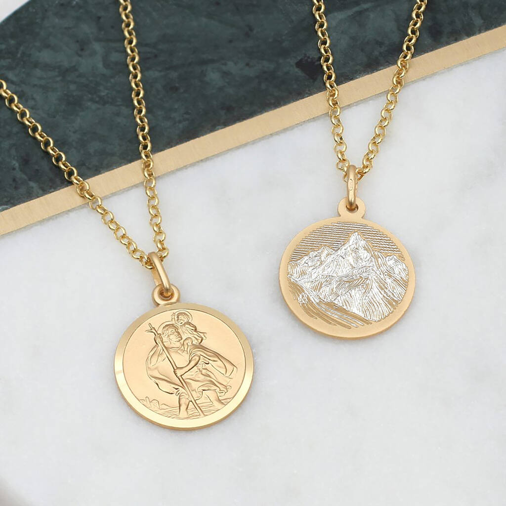 18ct Gold Plated St Christopher Necklace Mountain Scene | Hurleyburley